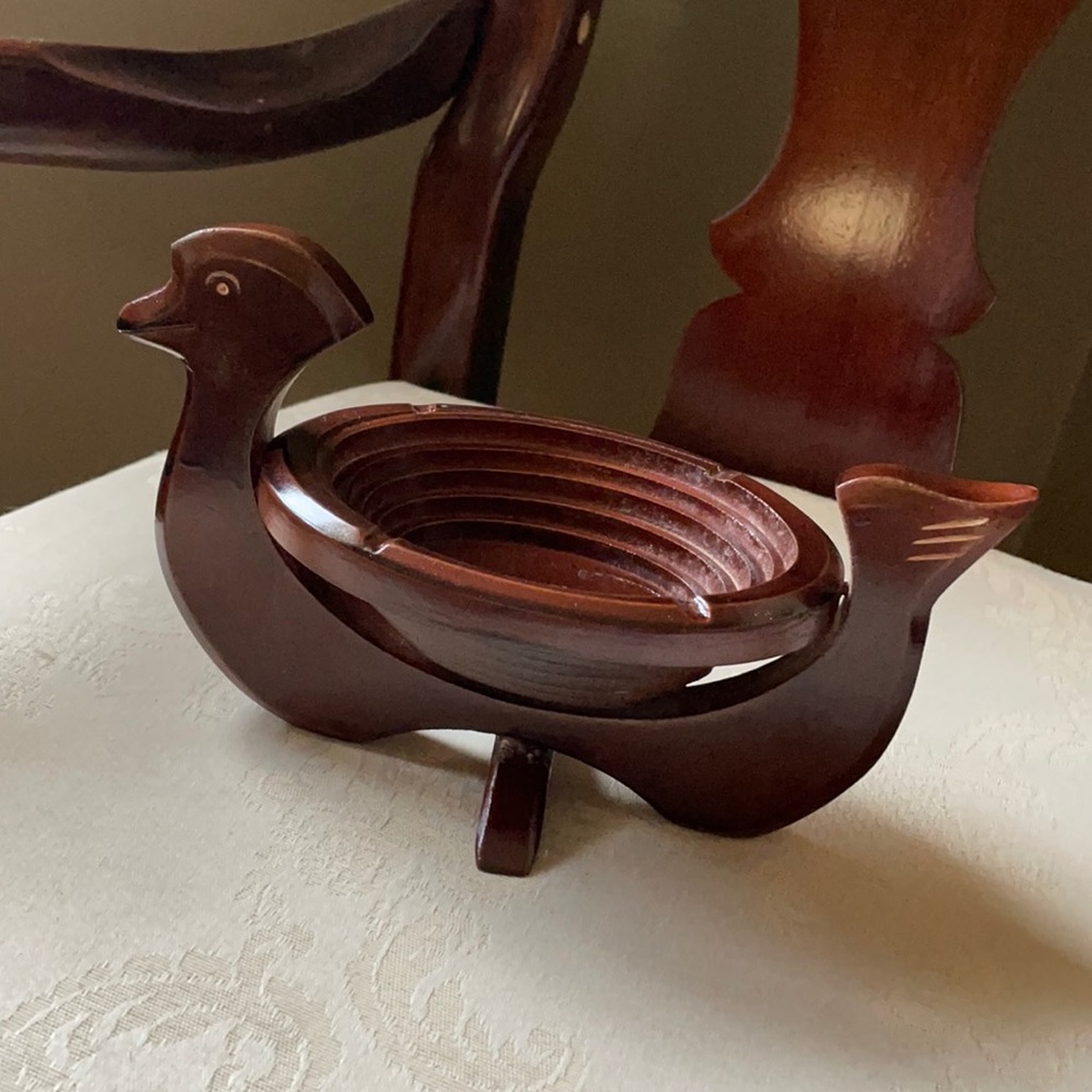 Vintage decorative wooden duck fruit basket, trivet, handmade, great details